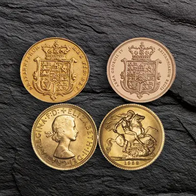 A selection of gold coins, including Britannias and Sovereigns, displayed with intricate detailing and a polished finish.