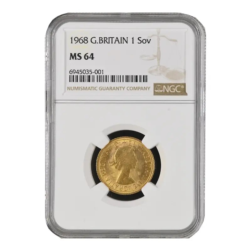 1968 Full Sovereign with Mary Gillick’s Queen Elizabeth II design, NGC graded MS64, displayed in a protective case.