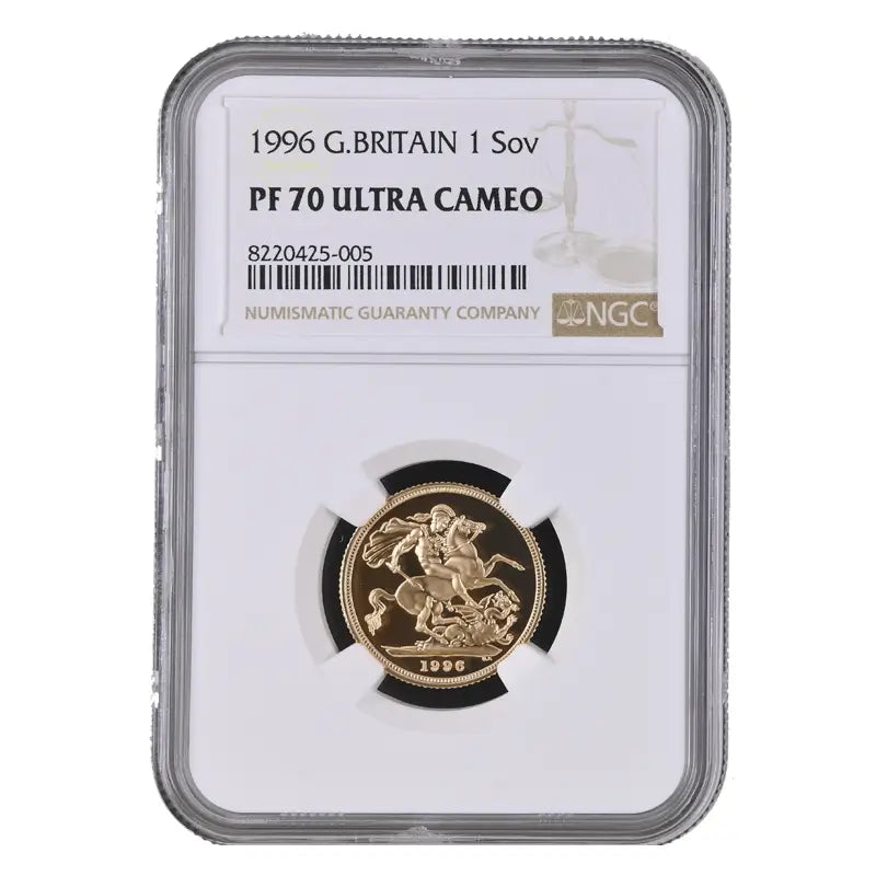 1996 Gold Proof Full Sovereign coin, graded NGC PF70 Ultra Cameo, featuring the classic St. George and the Dragon design.