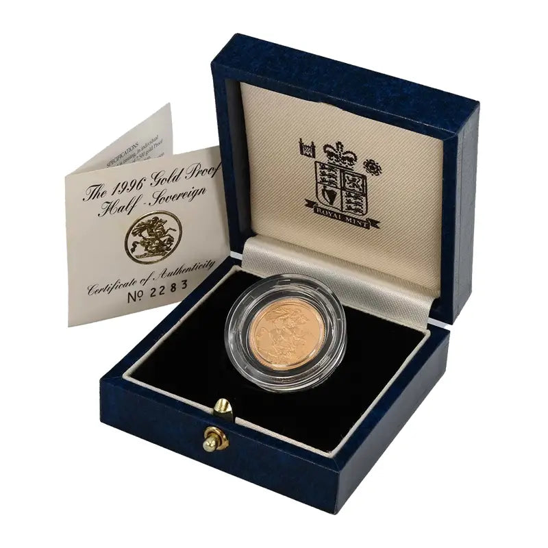 1996 Proof Half Sovereign in original Royal Mint case, featuring St George and the Dragon design in 22ct gold.