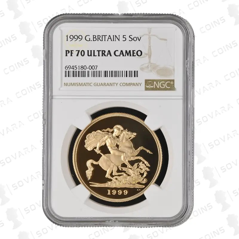 1999 Gold Proof Five Pound Sovereign, NGC PF70 Ultra Cameo, featuring St. George and the Dragon design.