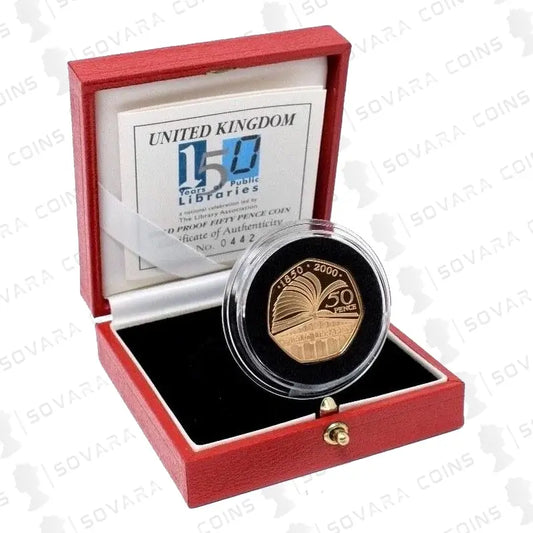 2000 UK 50p Gold Proof British Public Libraries Coin in Original Box with COA – Rare Collectible