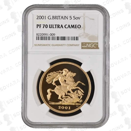  2001 Gold Proof Five Pound Sovereign PF70 Ultra Cameo, featuring St. George and the Dragon design.