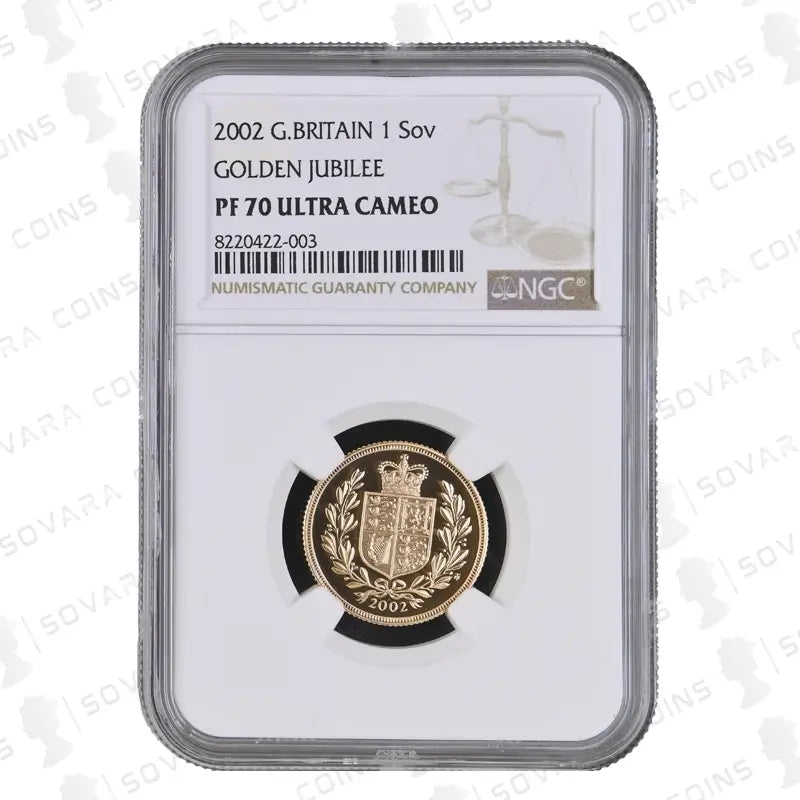 2002 Gold Proof Sovereign Golden Jubilee – NGC PF70 Ultra Cameo, featuring a one-year-only shield design.