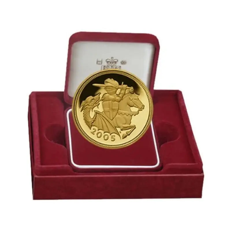 2005 Gold Proof Half Sovereign in original Royal Mint case, featuring a special shield reverse design in 22ct gold.