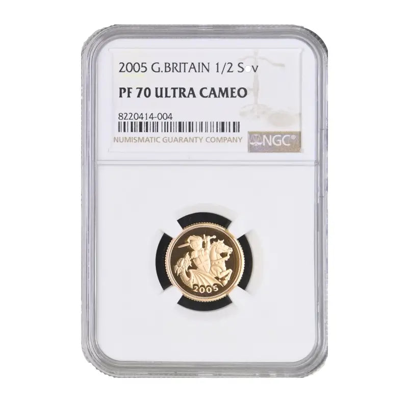 2005 Proof Half Sovereign coin with Special Year Reverse, NGC certified PF70, displayed in a protective case.