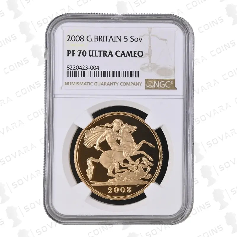 2008 Gold Proof Five Pound Quintuple Sovereign PF70 Ultra Cameo coin featuring St George and the Dragon design.