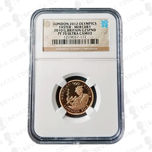 2010 Quarter Ounce Gold Proof Mercury - Citius London Olympics 2012 Coin in NGC PF70 Holder.