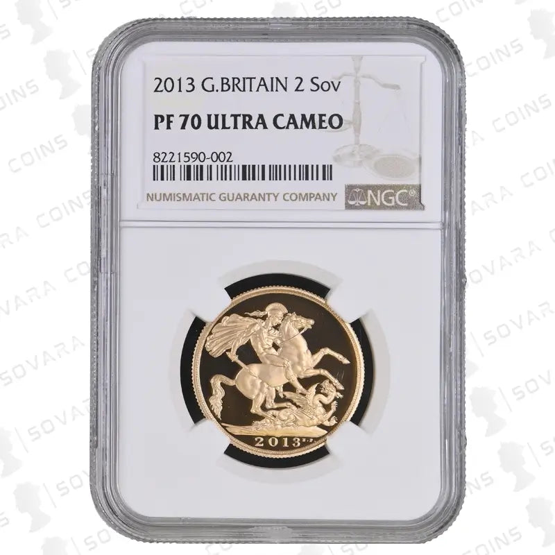 2013 Gold Proof 2 Sovereign PF70 Ultra Cameo, featuring the St George and the Dragon design.