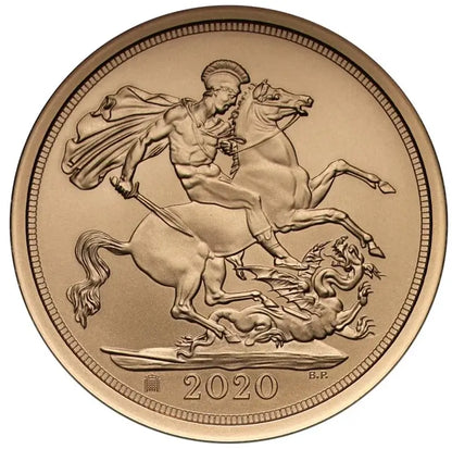 2020 Elizabeth II SOTD Sovereign Brexit Coin – Reverse showcasing Benedetto Pistrucci's St George and the Dragon design.