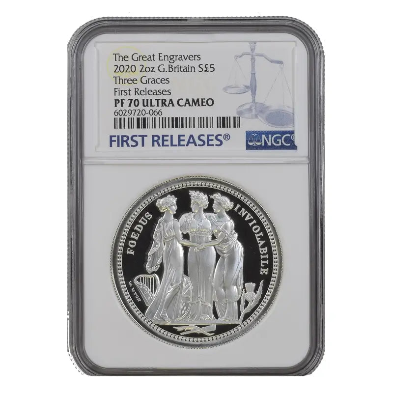 2020 The Great Engravers Three Graces 2oz Silver Proof coin, graded NGC PF70 Ultra Cameo, featuring William Wyon’s iconic Three Graces design.