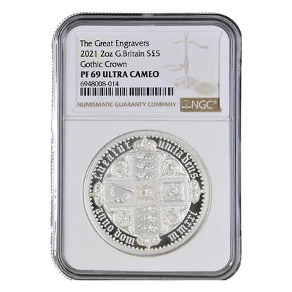 2021 The Great Engravers 2oz Silver Proof Gothic Quartered Arms coin, graded NGC PF69 Ultra Cameo, featuring William Wyon’s intricate design.