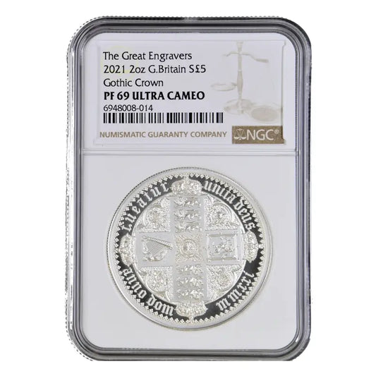 2021 The Great Engravers 2oz Silver Proof Gothic Quartered Arms coin, graded NGC PF69 Ultra Cameo, featuring William Wyon’s intricate design.