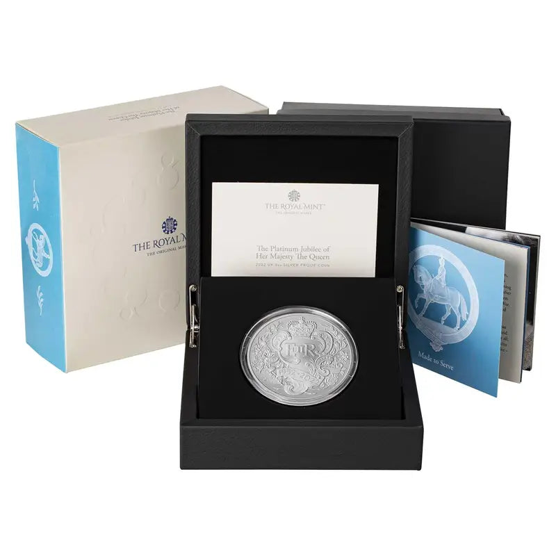 2022 Platinum Jubilee of Queen Elizabeth II 5oz Silver Proof Coin in original Royal Mint presentation case with intricate commemorative design.