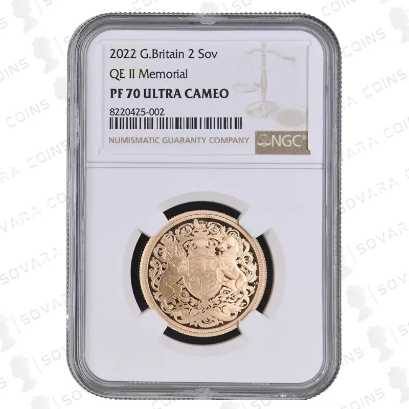 2022 QEII Memorial Gold Proof 2 Sovereign PF70 Ultra Cameo, featuring the Royal Arms design.