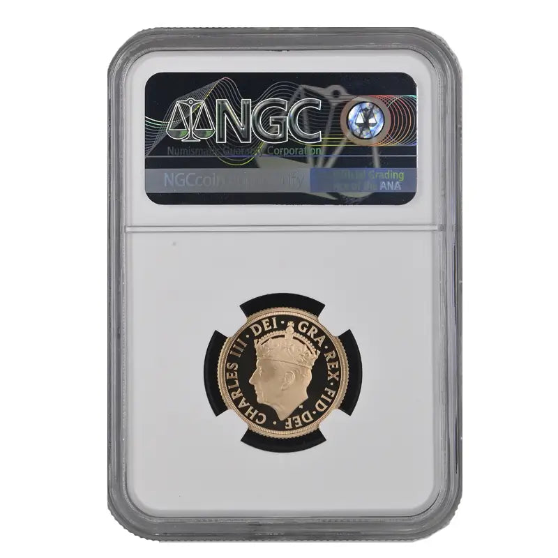 2023 Full Proof Coronation Sovereign graded NGC PF70 Ultra Cameo, celebrating King Charles III's coronation in flawless 22-carat gold