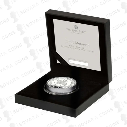 2023 UK 2oz Silver Proof Coin featuring King Charles I, part of the British Monarchs Collection by The Royal Mint.