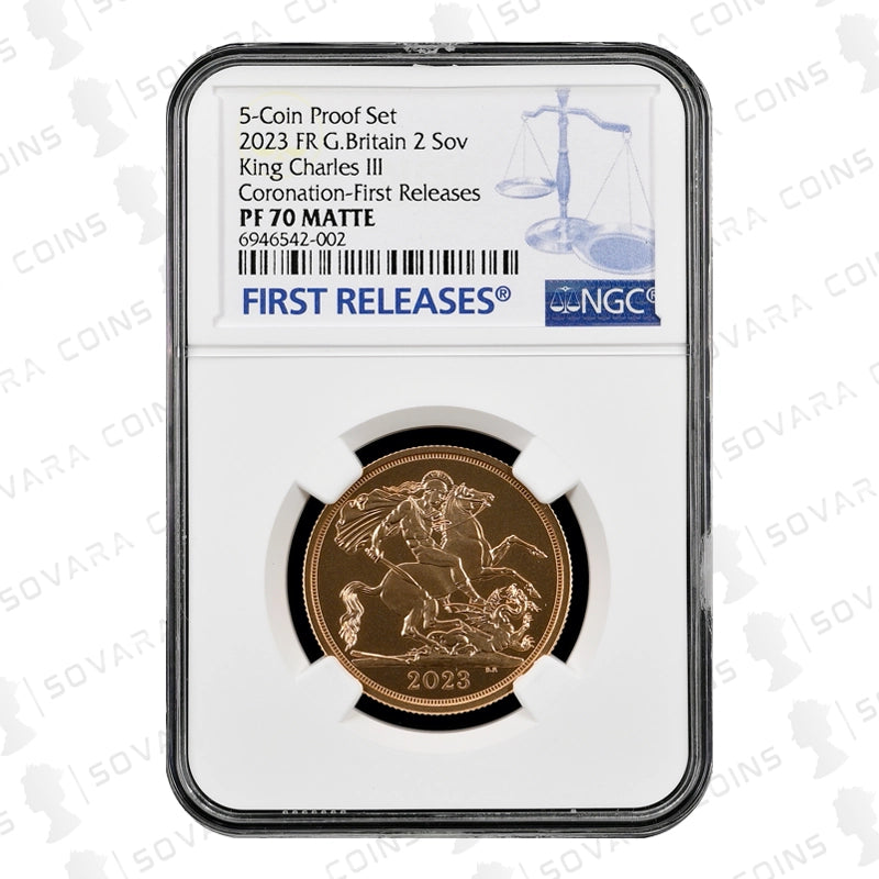 2023 King Charles III Coronation 2 Sovereign Matt Proof PF70 Matte in NGC holder with presentation case.