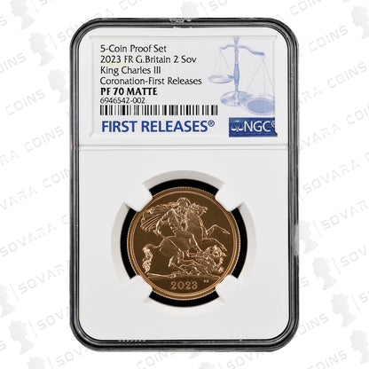 2023 King Charles III Coronation 2 Sovereign Matt Proof PF70 Matte in NGC holder with presentation case.