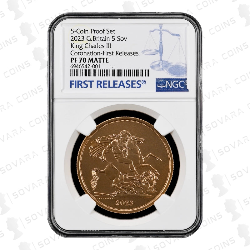 2023 King Charles III Coronation 5 Sovereign Matte Proof PF70 – Graded and Encapsulated