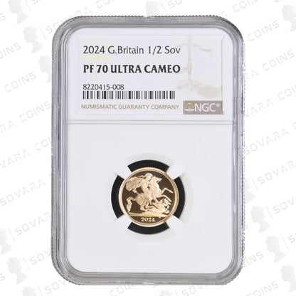 2024 Gold Proof Half Sovereign – NGC PF70 Ultra Cameo, featuring King Charles III effigy and classic St. George design.