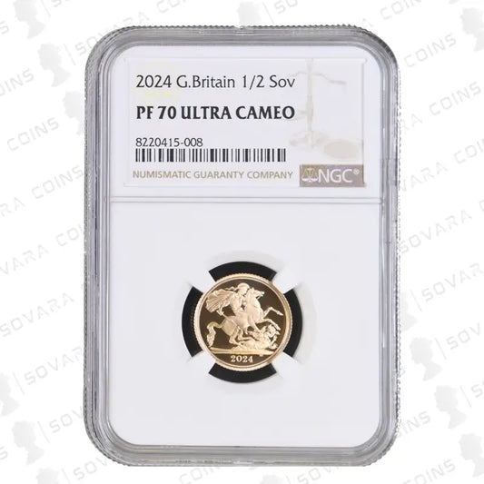 2024 Gold Proof Half Sovereign – NGC PF70 Ultra Cameo, featuring King Charles III effigy and classic St. George design.