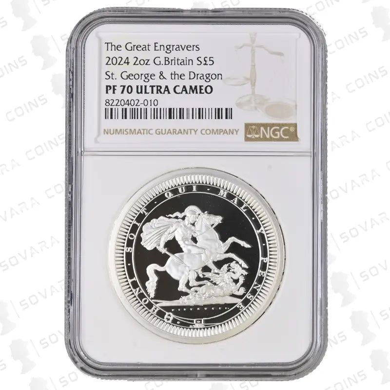 2024 The Great Engravers St. George & The Dragon 2oz Silver Proof, graded PF70 Ultra Cameo by NGC.