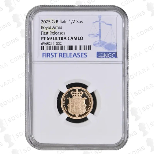 2025 Royal Arms Gold Proof Half Sovereign PF69 Ultra Cameo, featuring the Royal Arms design.