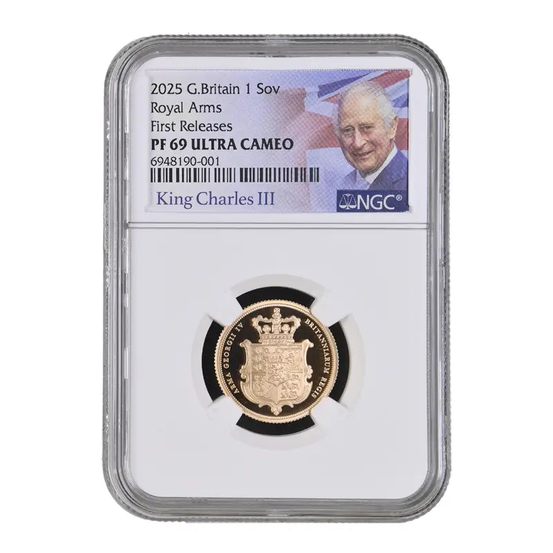 2025 Royal Arms Proof Full Sovereign, NGC PF69 Ultra Cameo, gold proof coin with Royal Arms design.