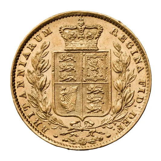 Mixed Years Full Shield back Sovereigns featuring the crowned shield reverse, struck in 22-carat gold.