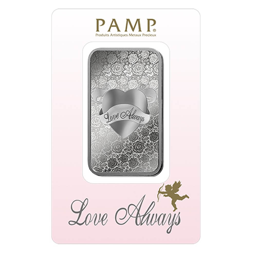 1oz PAMP Suisse Love Always Silver Bar, featuring an elegant heart design and crafted from 999.0 fine silver, perfect for gift-giving and collecting.