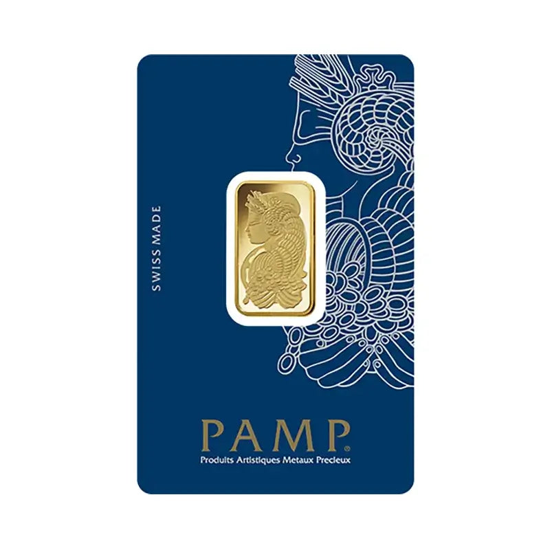 10g PAMP Suisse Lady Fortuna Gold Bar, 999.9 fine gold, showcasing the Lady Fortuna design and PAMP Suisse logo.