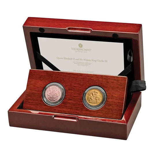 Queen Elizabeth II & King Charles III Two-Coin Sovereign Set, featuring gold proof sovereigns from both reigns in a presentation case.