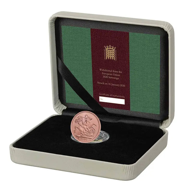 2020 Elizabeth II SOTD Sovereign Brexit Coin in original Royal Mint presentation box with Certificate of Authenticity.