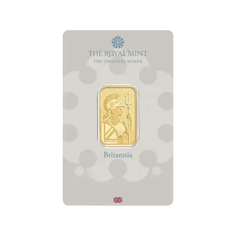 10g Royal Mint Gold Bar, 999.9 fine gold, showcasing the Royal Mint logo and bar dimensions.