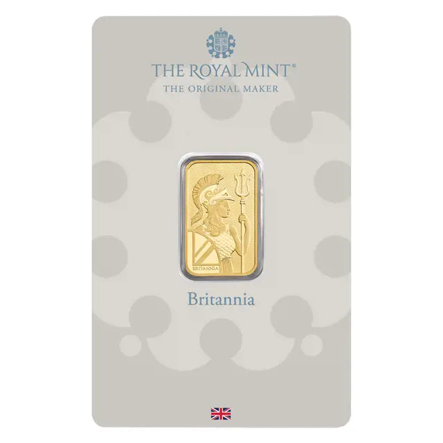 The Royal Mint Britannia 5g Gold Bar, 999.9 fine gold, featuring the classic Britannia design.