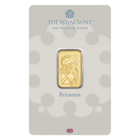 The Royal Mint Britannia 5g Gold Bar, 999.9 fine gold, featuring the classic Britannia design.