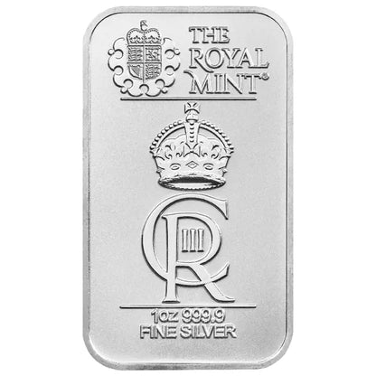 1oz Royal Mint Royal Celebration Silver Bar, commemorating a historic event with intricate designs, crafted from 999.0 fine silver and packaged in official mint packaging.