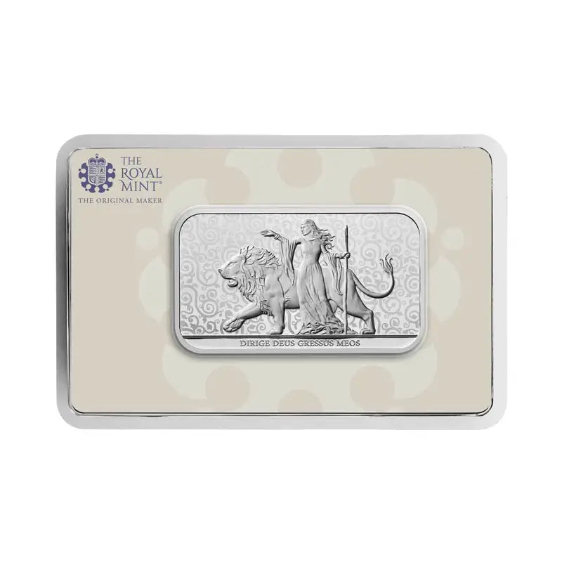 2024 Una and the Lion 1oz Silver Bar featuring the iconic design of Britannia holding a shield and spear while facing a lion. The bar is encapsulated in a protective blister pack.